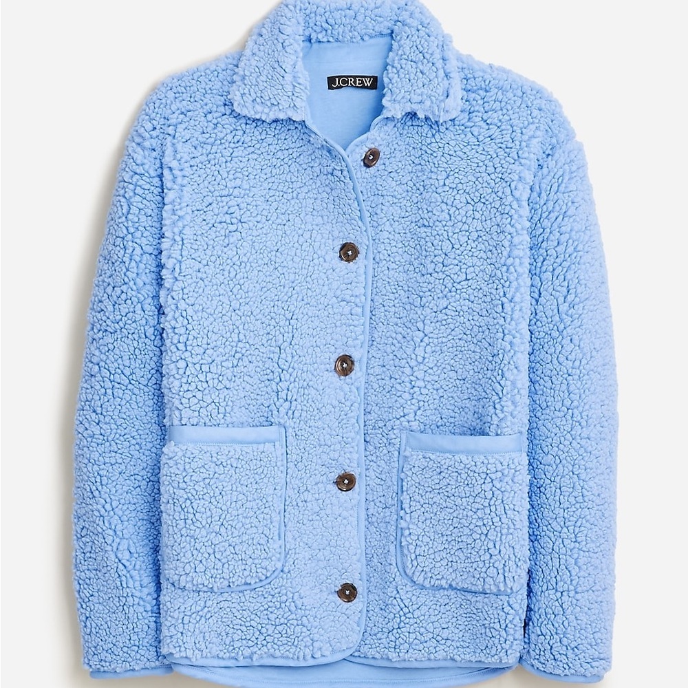 NWT, JCrew Faux sherpa Barn Jacket, Fountain Blue (cornflower blue), Size M
